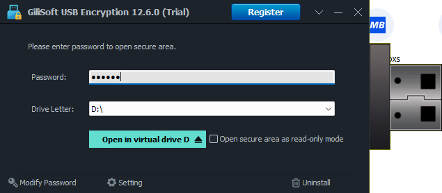 Open a USB secure area with a password and drive letter