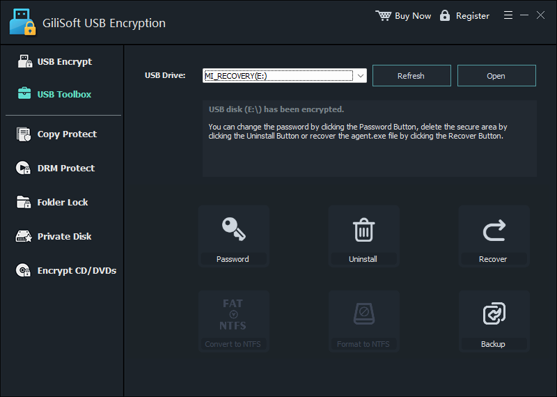 USB Encryption toolbox for password, uninstall, recover, and backup