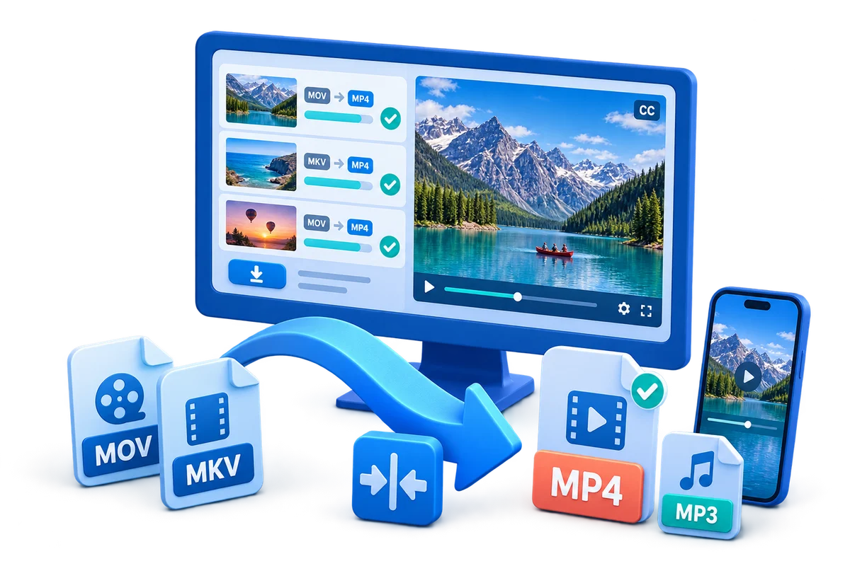 GiliSoft Video Converter illustration showing video format conversion and media output