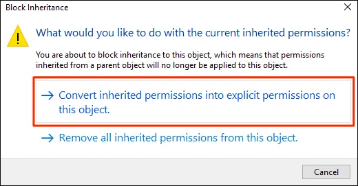 Convert inherited permissions to explicit permissions in Windows