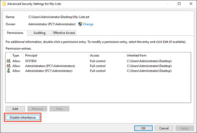Disable inherited permissions for a Windows folder